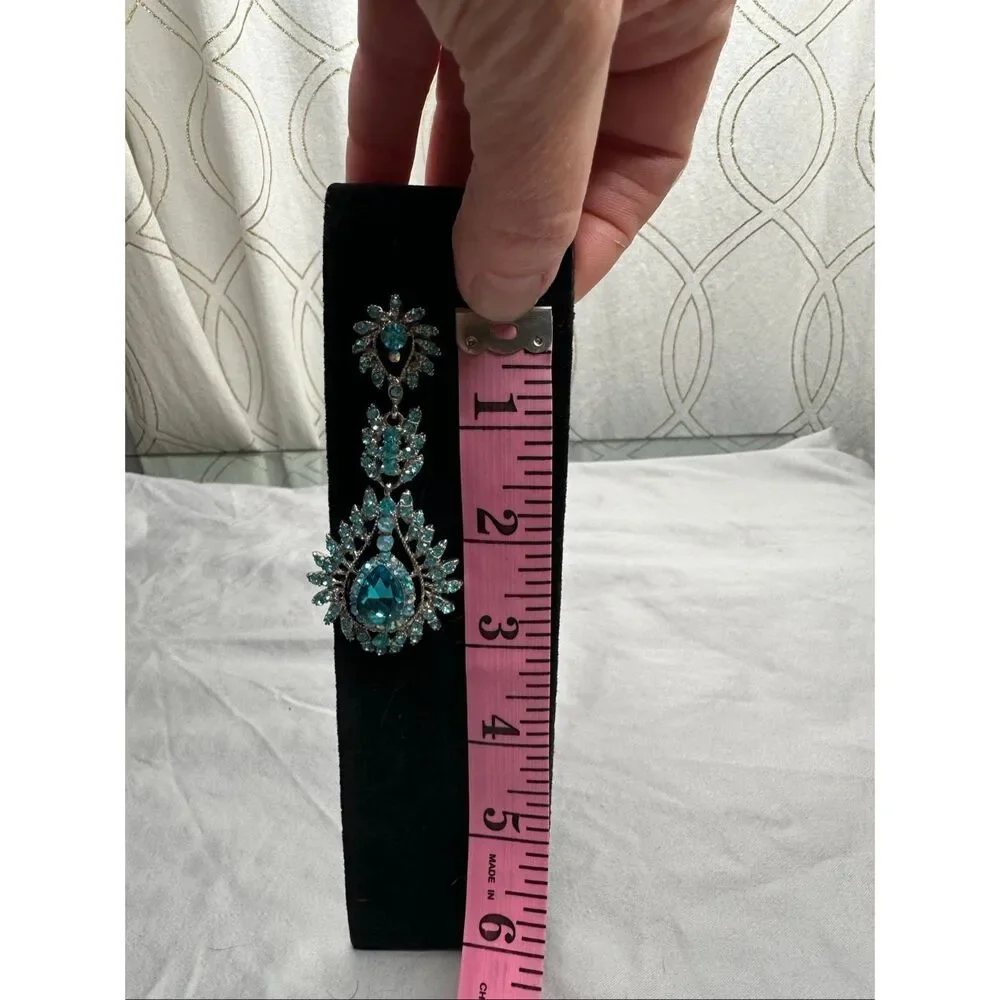 Teal Rhinestone Statement Chandelier Earrings Pageant Prom Glam - Picture 6 of 7